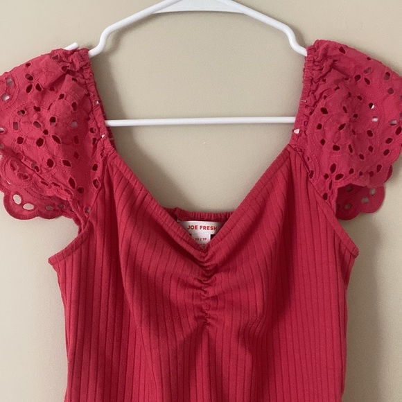 Joe Fresh Pink V Neck Summer Embroidered Short Sleeve Ribbed Shirt - Picture 5 of 9